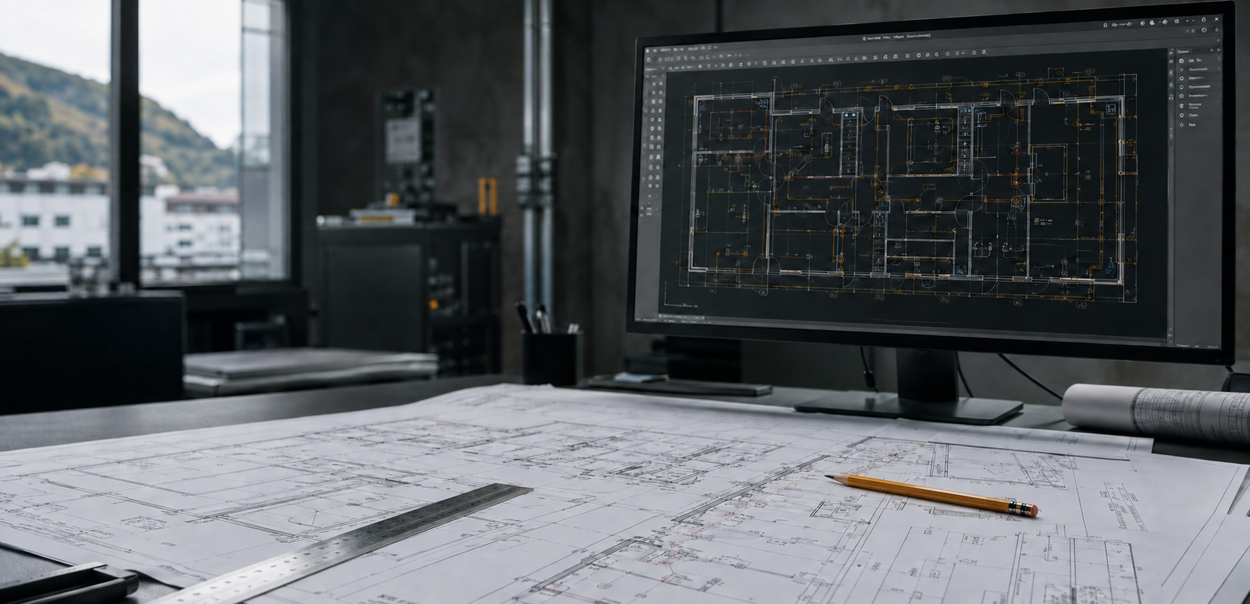Plan électrique sur écran et outils de dessin technique